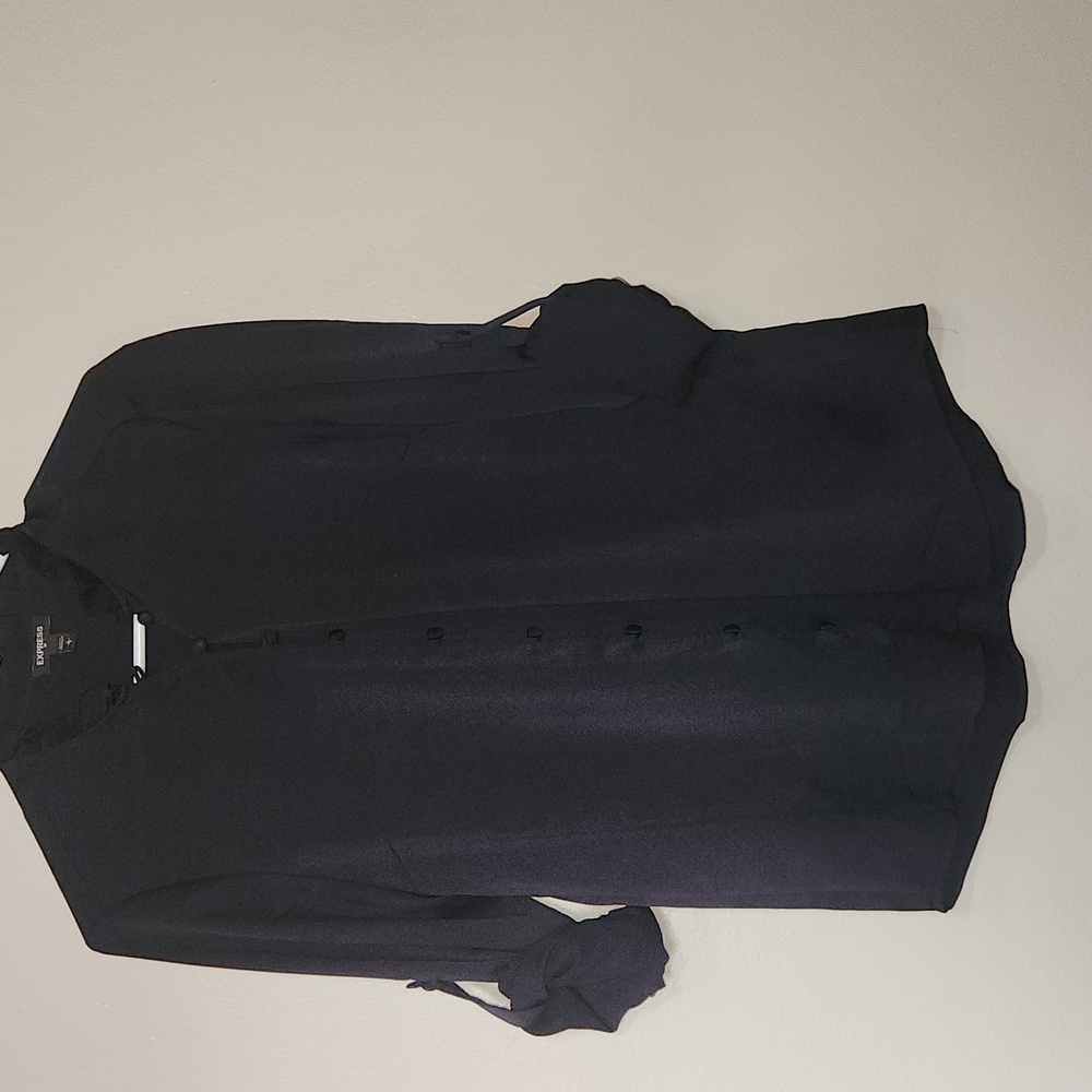 Express Dark Navy Button-Up Blouse Ruffled Collar Sleeve Garters Size L